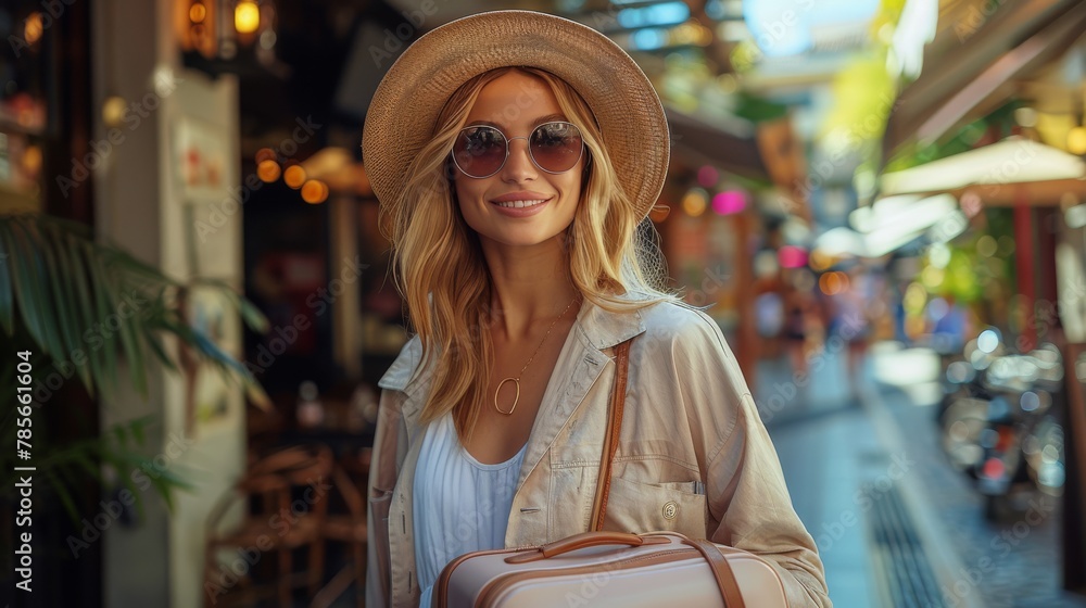 Woman in Hat and Sunglasses Carrying Bag