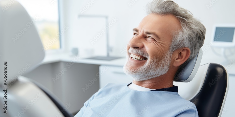 The snow-white smile of a middle-aged man in the dentist’s office. Generative AI. The snow-white smile of a middle-aged man in the dentist’s office. Generative AI.