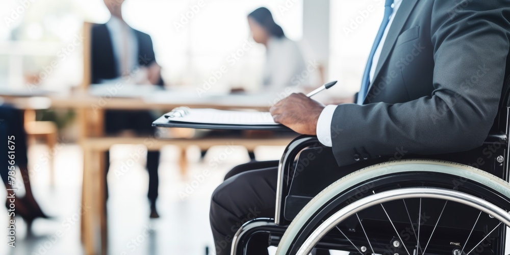 Positive disabled young man in wheelchair working in office. Company CEO in wheelchair reading business report. Generative AI. Positive disabled young man in wheelchair working in office. Company CEO in wheelchair reading business report. Generative AI.
