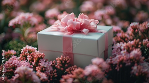 White Gift Box With Pink Bow in Field of Pink Flowers