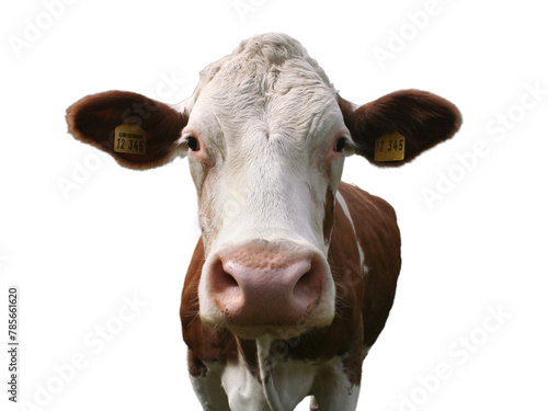 Portrait einer Braun weißen Kuh, die frontal in die Kamera schaut, freistehend, transparenter Hintergrund