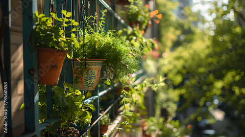 A balcony railing lined with hanging planters of dill parsley and mint maximizing small space gardening.