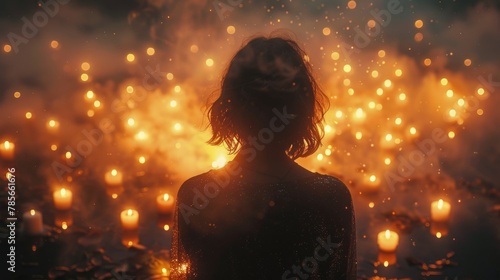 Woman Standing in Front of Field of Lit Candles