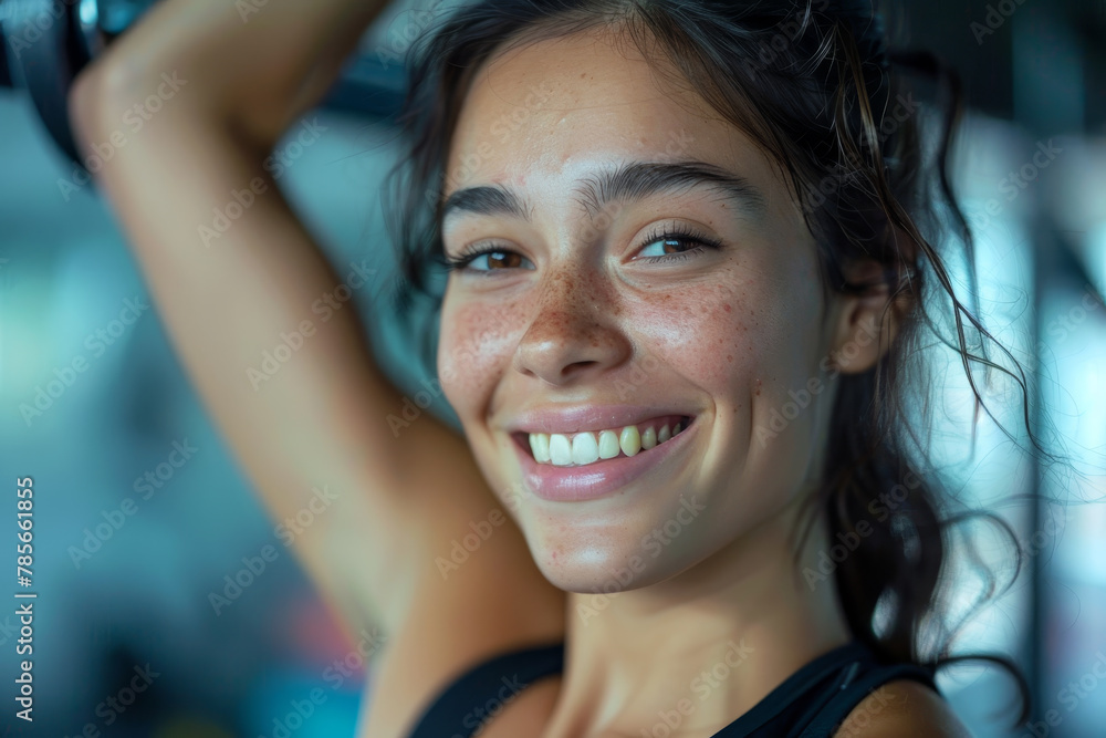A woman with curly hair and a big smile. She is wearing a white tank top and is smiling at the camera A woman with curly hair and a big smile. She is wearing a white tank top and is smiling at the camera
