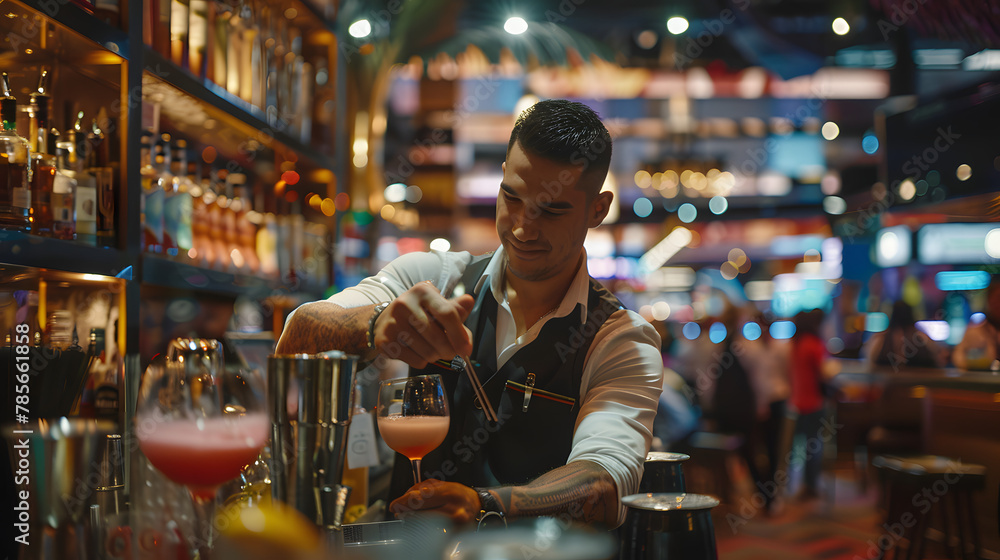 A bartender crafting cocktails at a casino bar with the lively casino floor in the background.