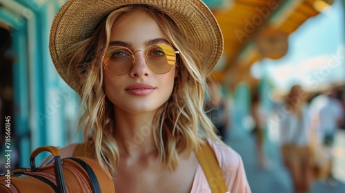 Woman in Hat and Sunglasses Carrying Bag