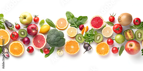 Various fresh vegetables and fruits on white background 