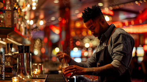 A bartender crafting cocktails at a casino bar with the lively casino floor in the background.