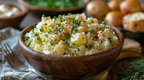 Wooden Bowl Filled With Potato Salad on Table