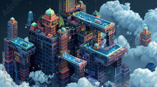 Neon Dreams: A Futuristic Cubic Cityscape Floating Amongst the Clouds