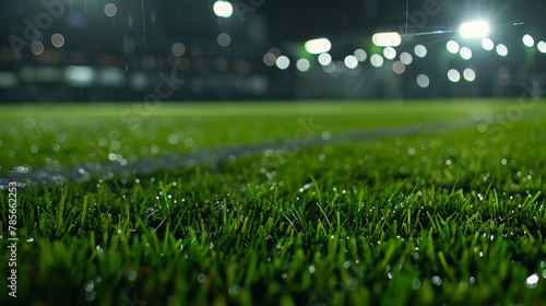 A soccer field with a bright green grass. The field is lit up with bright lights, creating a lively atmosphere