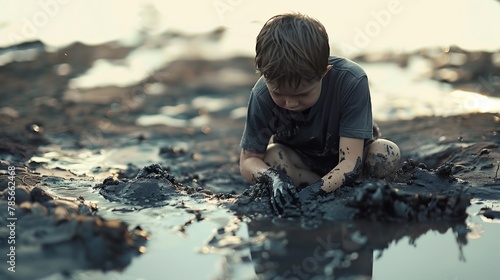 Child sits in a contaminated environment, playing with toxic crude oil in a puddle, while an industrial oil pump jack operates relentlessly in the background, symbolizing environmental neglect. © TensorSpark