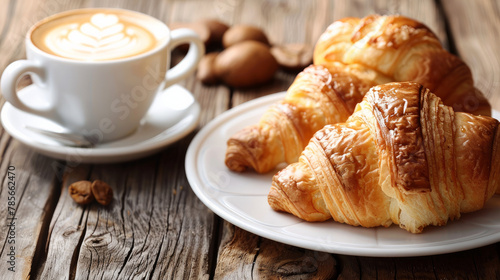 A delicious breakfast awaits: flaky croissants and a steaming cup of coffee.