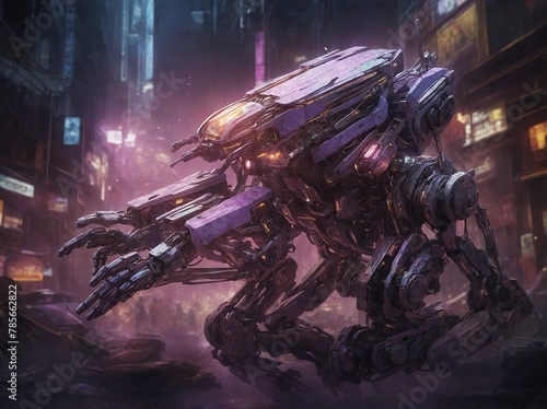 Massive mechanical creature, resembling blend of wolf, machine, prowls through rain-soaked streets of neon-lit cityscape. Intricate design of creature highlighted by gleaming metal plates.