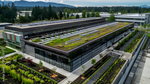 A carbon-neutral manufacturing facility with green roofs onsite renewable energy and waste-to-energy systems.