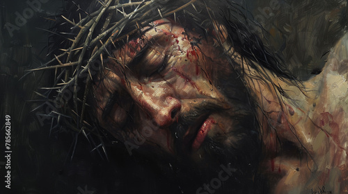 A painting of Jesus Christ with a crown of thorns on his head. The painting is in red and black colors © mila103