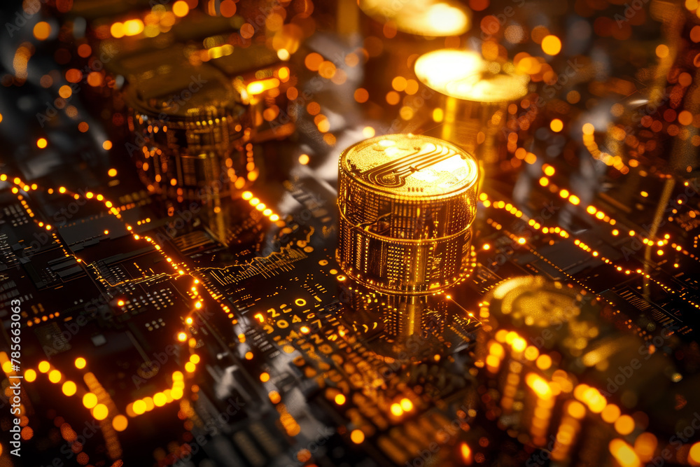 A computer chip with gold coins on it. The image has a futuristic and technological feel to it