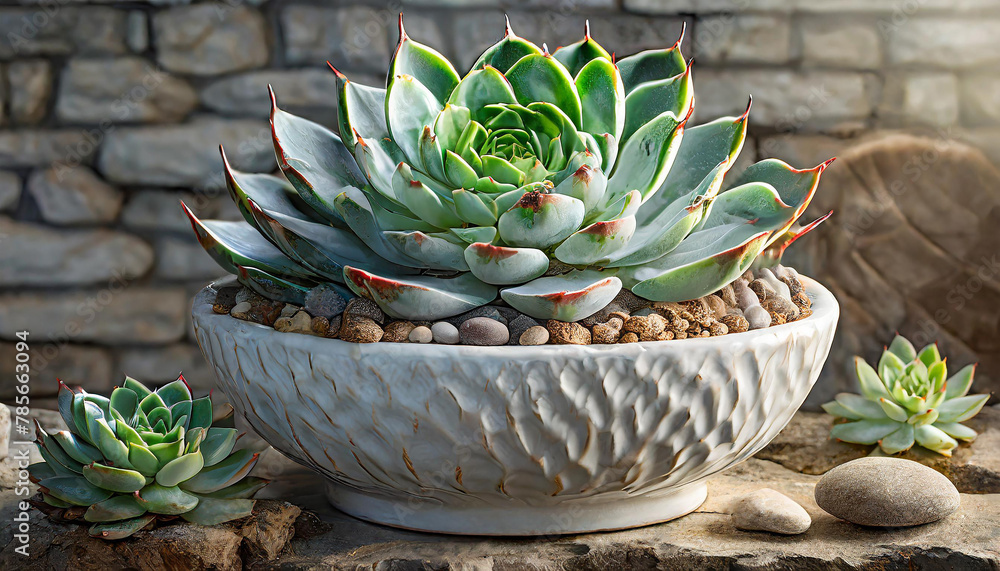 Close-up of stone rose, succulent in pot. Green cactus. House plant. Close-up of stone rose, succulent in pot. Green cactus. House plant.