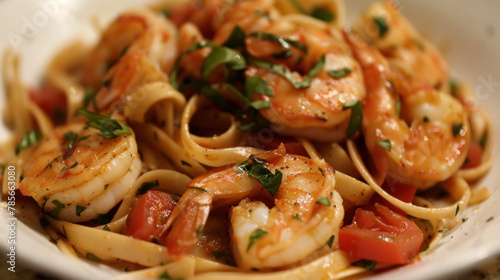 Shrimp and tomato fettuccine with fresh herbs.