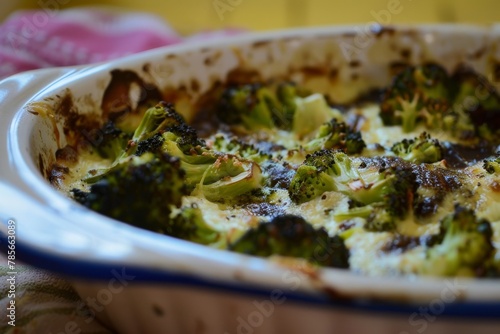 Roasted broccoli in a baking dish with a golden cheese crust. Baked Broccoli with Crispy Cheese Topping