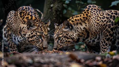 Two big cats are having their meal.