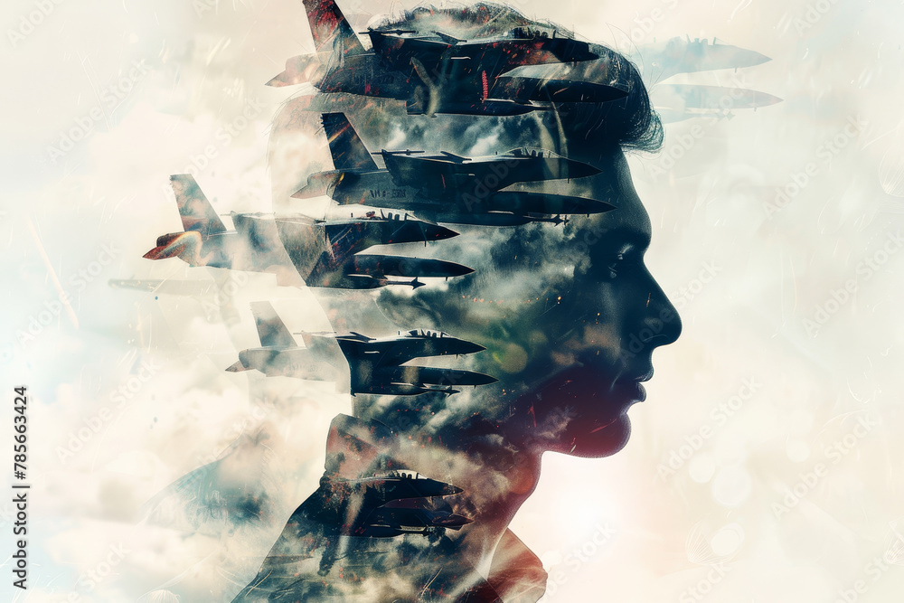 A man's face is shown with a large number of airplanes flying around ...