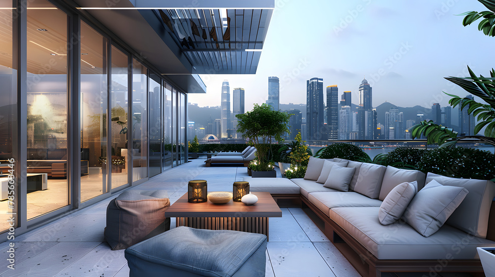 Fototapeta premium A chic rooftop terrace with panoramic city views and modern furniture.