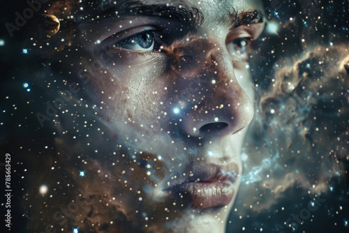 A man's face is shown in a blurry, starry background. The man's eyes are open and staring into the distance, as if he is contemplating the vastness of the universe