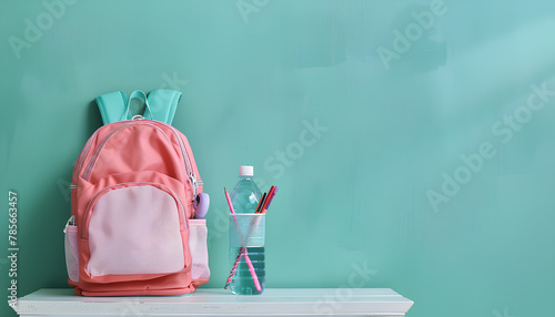 Colorful school backpack with bottle of water and stationery on white table near green chalkboard photo
