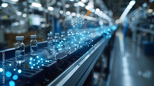 Pharmaceutical vials on a high-tech production line in a facility, highlighted by a digital molecular structure overlay indicating advanced drug development