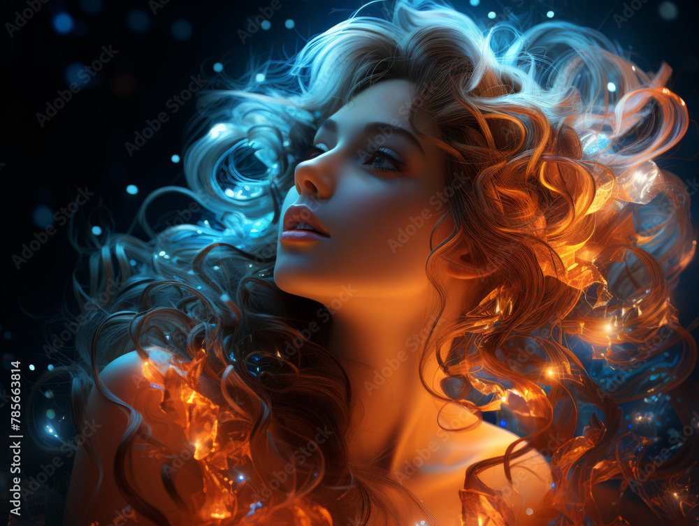 Enchanting woman surrounded by magical glowing lights Enchanting woman surrounded by magical glowing lights