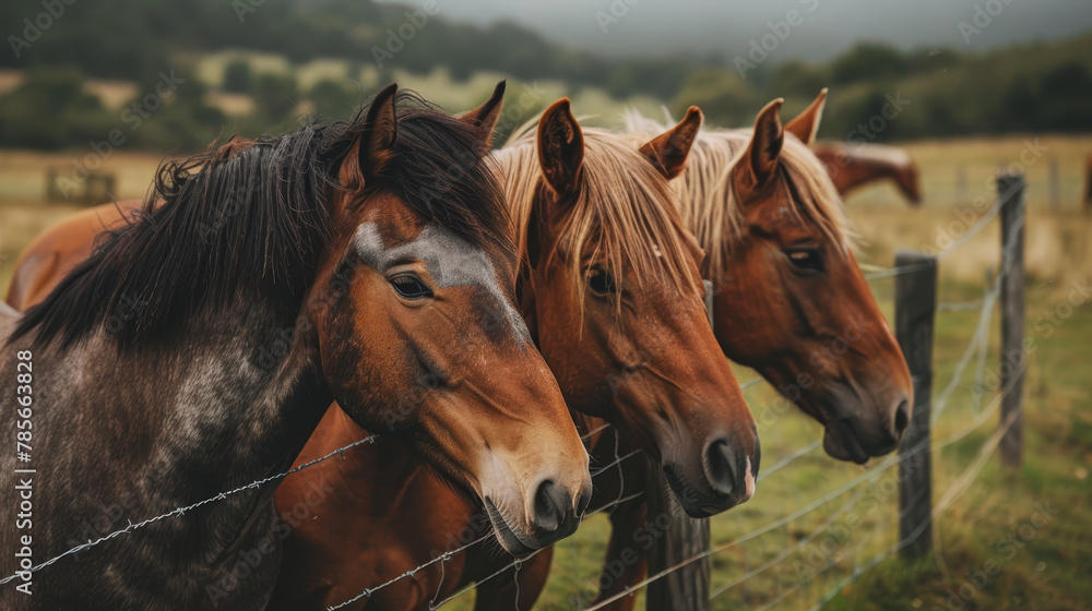 Four horses are standing next to each other, with their heads close together. The horses are brown and black, and they appear to be looking at the camera. The scene is peaceful and calm Four horses are standing next to each other, with their heads close together. The horses are brown and black, and they appear to be looking at the camera. The scene is peaceful and calm