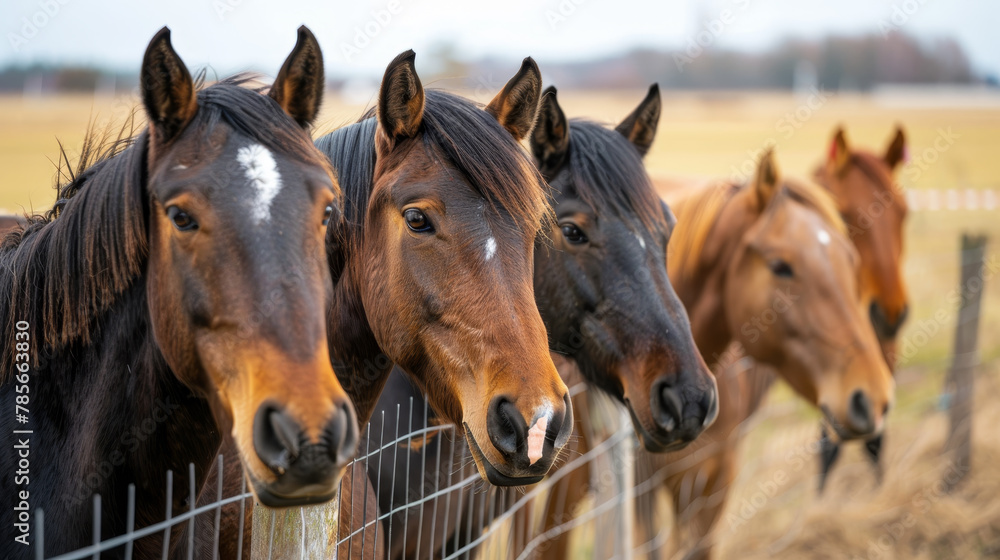 Naklejka premium Three horses standing next to a fence with one of them having a white spot on its face. The horses are all brown and appear to be looking at the camera
