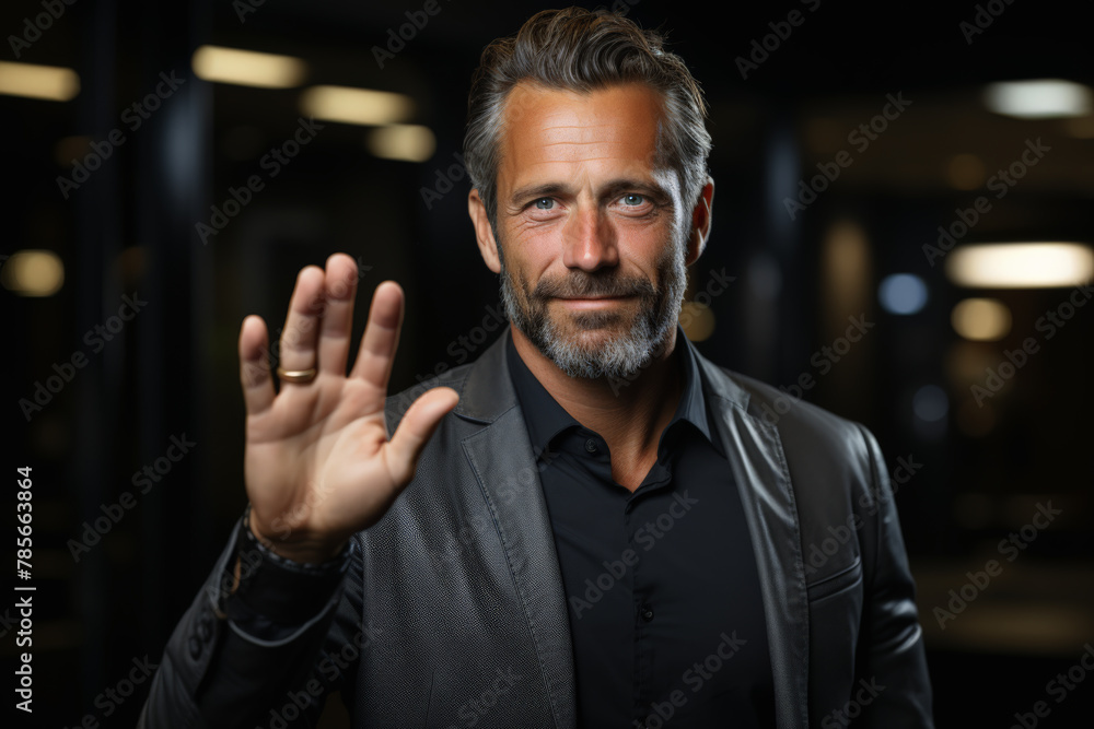 Confident businessman showing stop gesture in office Confident businessman showing stop gesture in office