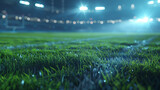 A soccer field with a wet grass and lights in the background. Scene is energetic and exciting, as it captures the essence of a soccer game