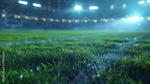 A soccer field with a wet grass and lights in the background. Scene is energetic and exciting, as it captures the essence of a soccer game