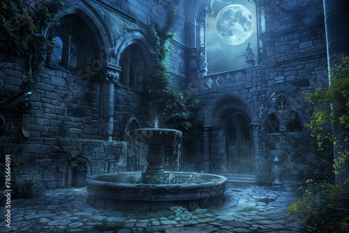 A dark, eerie castle courtyard with a fountain in the center. The moon is shining brightly in the sky, casting an eerie glow on the scene. The atmosphere is mysterious and foreboding