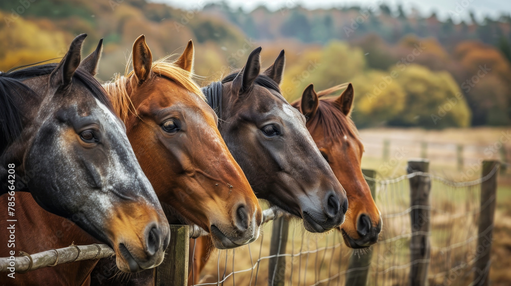 Four horses standing in a field with a wooden fence in the background. The horses are brown and white - obrazy, fototapety, plakaty 