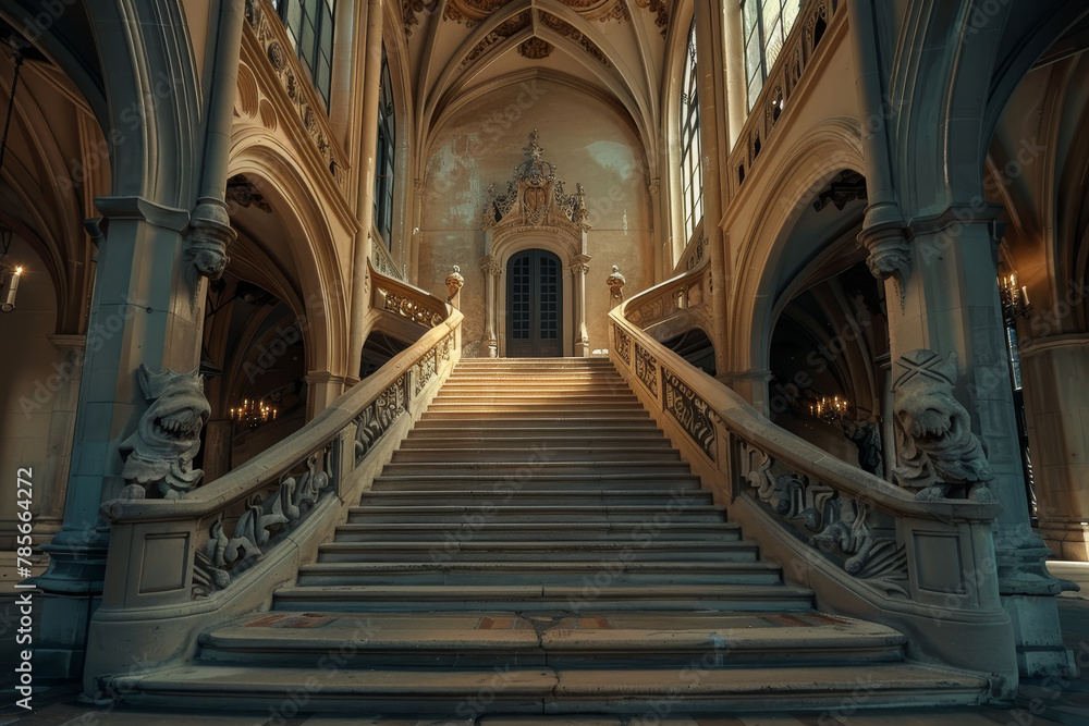 A large, empty staircase in a building with a lot of detail. The building is very old and has a lot of history