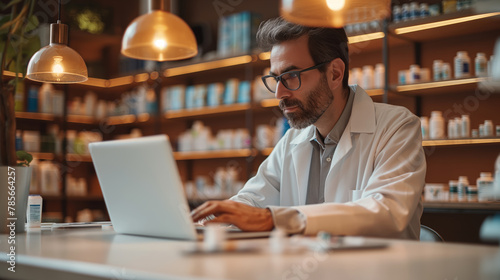 Mature Pharmacist Working on Laptop in Modern Pharmacy photo