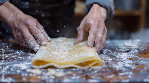 A person is preparing dough on a floured table for a homemade dish © Валерія Ігнатенко