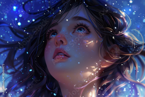 A woman with long hair is looking up at the sky. The sky is filled with stars and the woman's eyes are shining