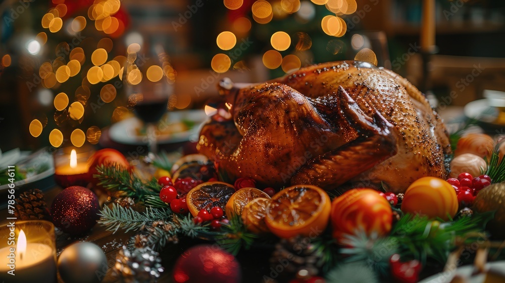 A delicious roast turkey in a beautifully decorated close-up A delicious roast turkey in a beautifully decorated close-up