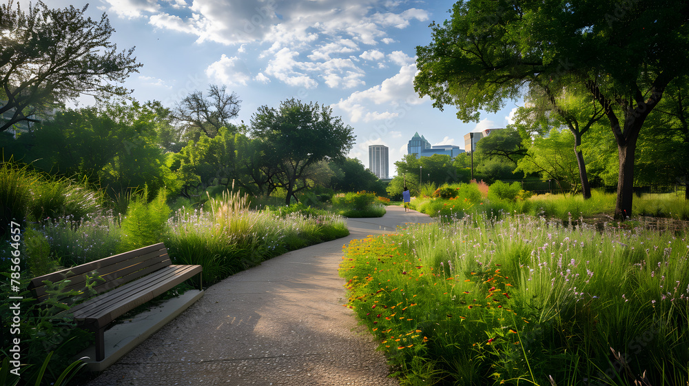 A city park designed for biodiversity enhancement featuring native plant species habitat corridors for urban wildlife and educational pathways about local ecosystems.
