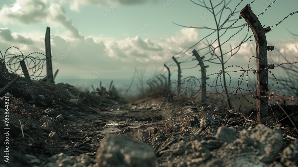 Landscape torn up by war. With holes trenches and barbed wire. - obrazy, fototapety, plakaty 