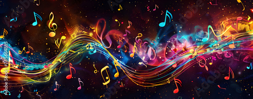 abstract music background with notes and bokeh lights, illustration music icon song time wavy.