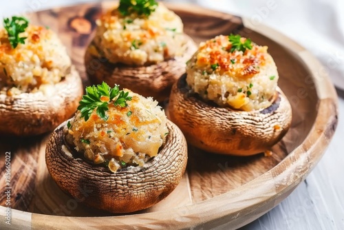 Baked stuffed mushrooms with cheese and herbs served on a circular wooden board.