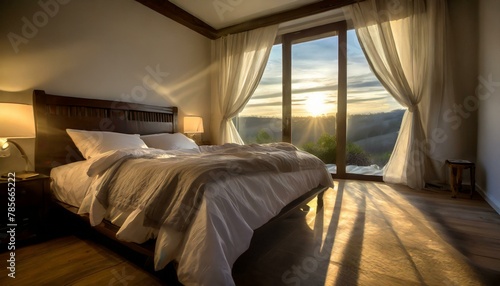 Soft morning light filtering through the curtains, casting a warm glow on a rumpled bed in a serene bedroom setting