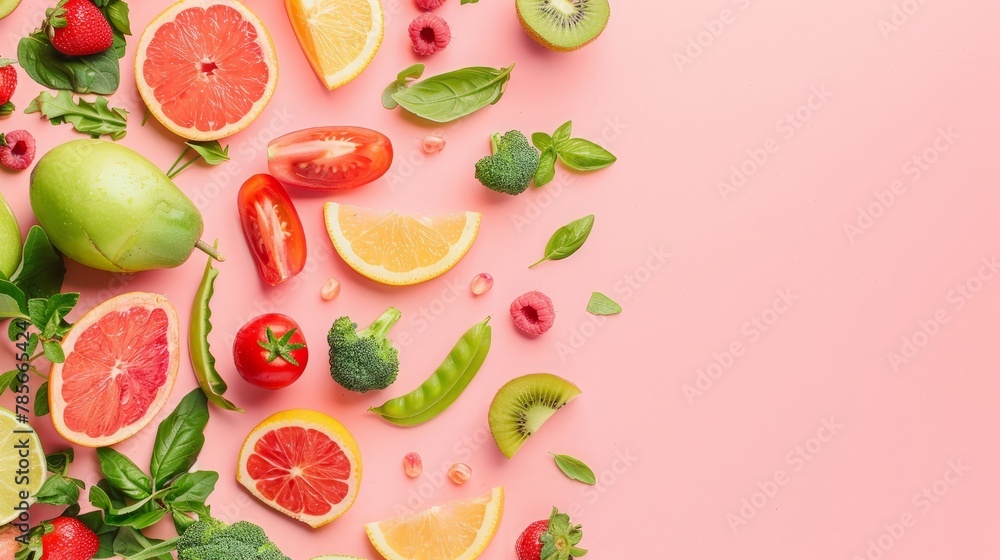 Healthy food, vegetables and fruits, top view Healthy food, vegetables and fruits, top view
