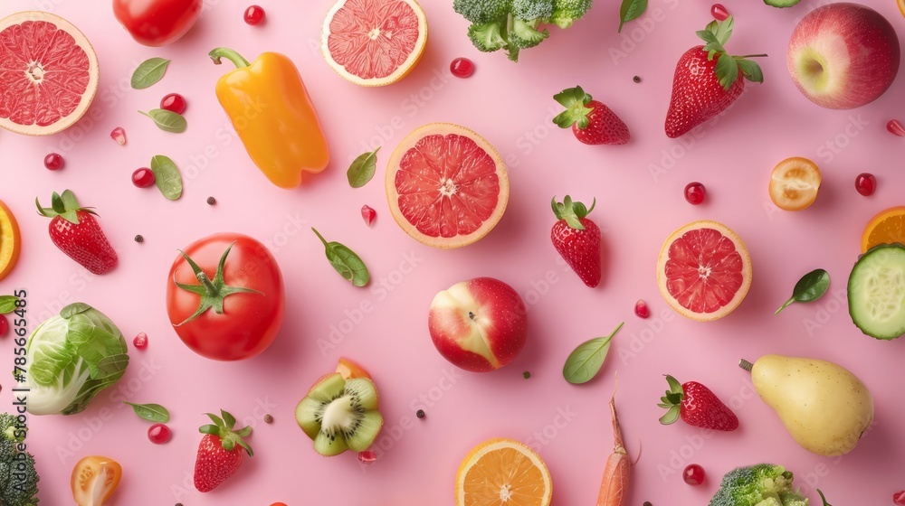 Healthy food, vegetables and fruits, top view Healthy food, vegetables and fruits, top view